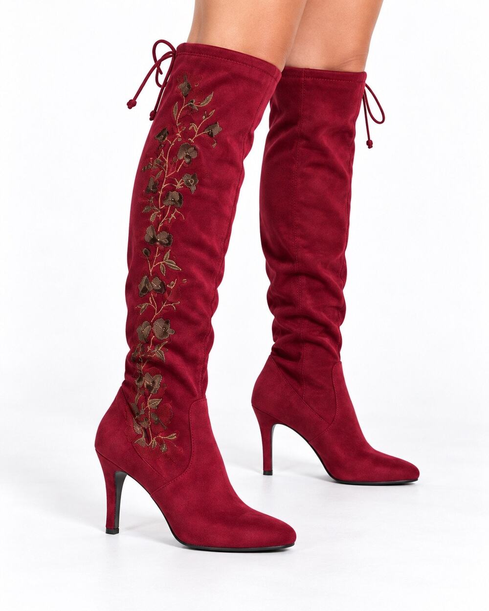 Rialto Burgundy Faux Suede Floral Embroidered Tall Boots β Size 9 β New